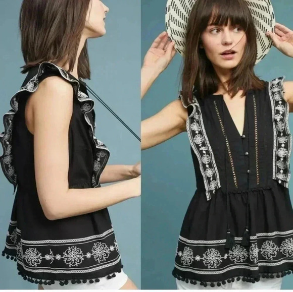 Anthropologie Akemi + Kin Adelina embroidered tasseled pom pom hem ruffle top - Picture 1 of 9
